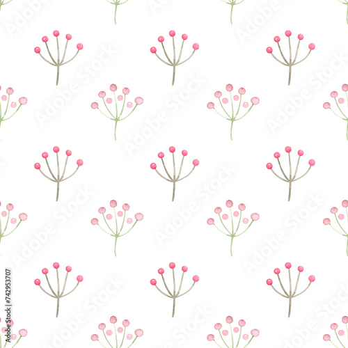 Simply floral pattern. Watercolor hand painted seamless pattern with pink flowers and green leaves. (ID: 742953707)