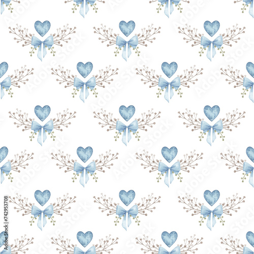 Botanical seamless pattern with pink hearts and bows. Watercolor hand painted background. (ID: 742953708)