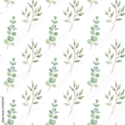 Greenery delicate seamless pattern. Watercolor hand painted background. (ID: 742953714)