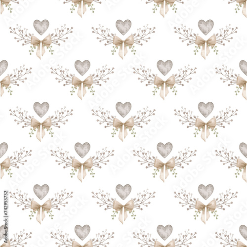 Botanical seamless pattern with pink hearts and bows. Watercolor hand painted background. (ID: 742953732)