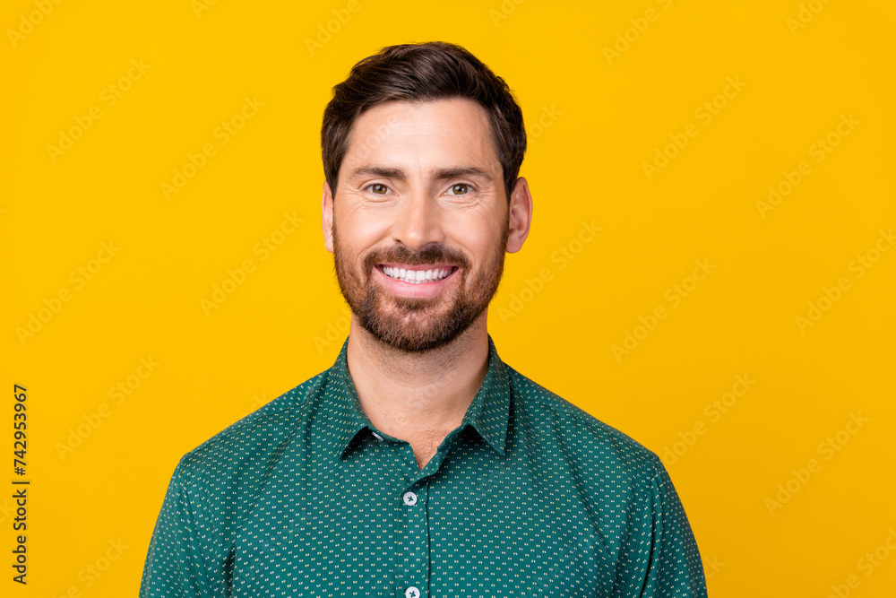 Portrait of good mood toothy beaming man with beard wear stylish shirt smiling healthy teeth isolated on vivid yellow color background - obrazy, fototapety, plakaty 