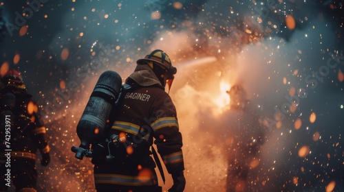 Firemen at work,Firemans team during firefighting © Amonthep