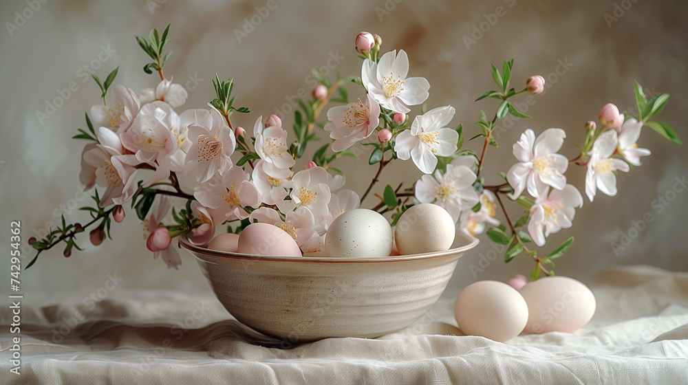 Beautifully set Easter table with a bouquet of spring flowers in a vase and Easter eggs and decorations Beautifully set Easter table with a bouquet of spring flowers in a vase and Easter eggs and decorations