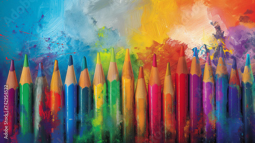 Kreativität von Kindern dargestellt mit vielen bunten Stiften in Form von einem Gemälde Hintergrund mit Buntstiften, Generative AI photo