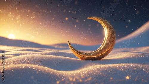 a golden crescent with a lantern hanging from it on a white background for eid mubarak