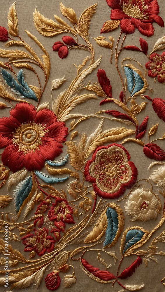 Fragment of a dress with luxurious ethnic floral embroidery