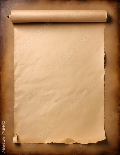 A square piece of old paper in shades of beige and brown is placed on a rectangular wooden table, surrounded by linen linens