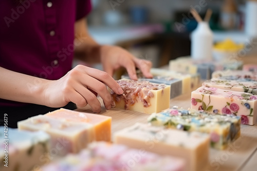 Close up view of female hands making homemade  natural organic soap with herbs.