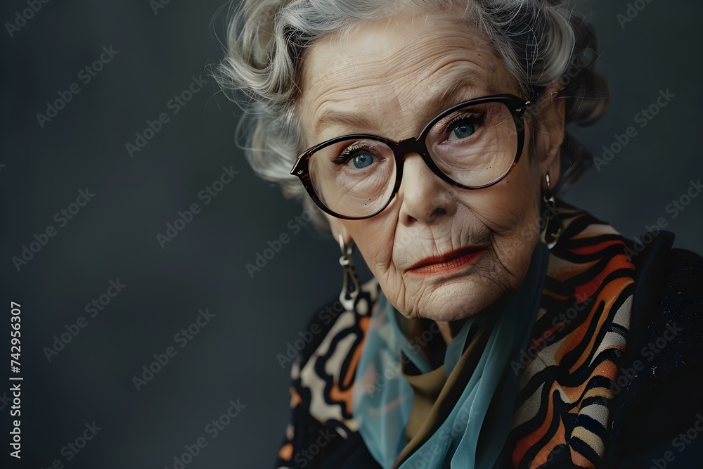 Confident elder woman modeling and making direct eye contact with camera. Concept Elderly Woman, Confident Pose, Direct Eye Contact, Model, Indoor Shoot Confident elder woman modeling and making direct eye contact with camera. Concept Elderly Woman, Confident Pose, Direct Eye Contact, Model, Indoor Shoot