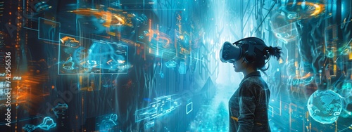 Metaverse technology concept. Links with young woman using a virtual reality headset.Woman with VR virtual reality goggles. Futuristic lifestyle.