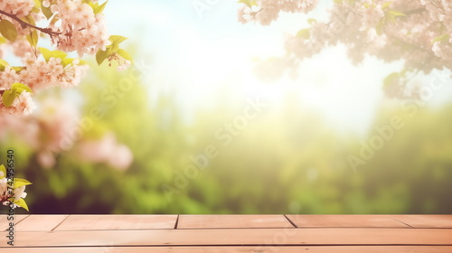Wooden tabletop in spring garden garden with apple trees blossom. Sunlight flare, copy space