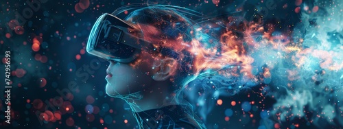 Metaverse technology concept. Links with young woman using a virtual reality headset.Woman with VR virtual reality goggles. Futuristic lifestyle. photo