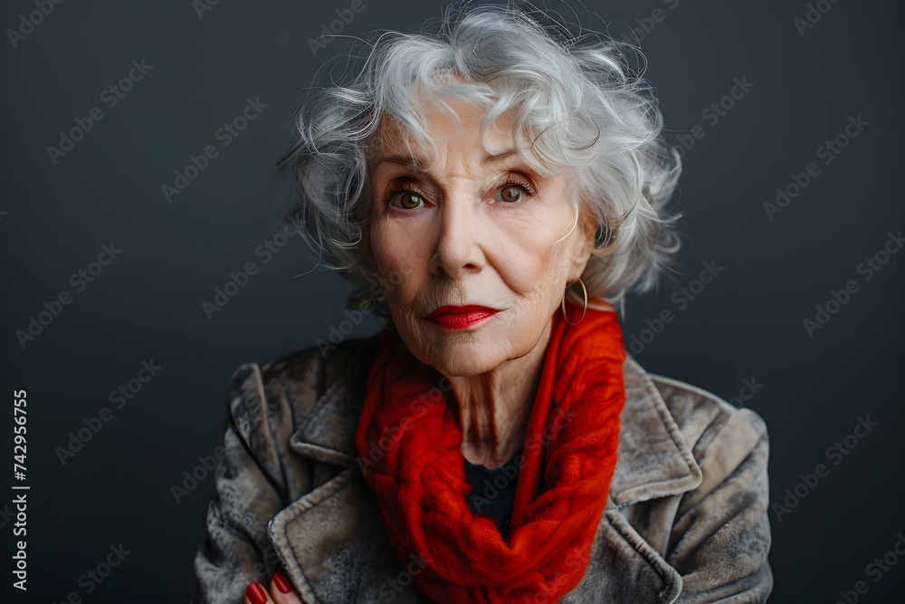 Emboldened senior woman modeling while maintaining direct eye contact with the camera. Concept Senior Model, Eye Contact, Bold Poses, Confident Expressions, Fashionable Outfits