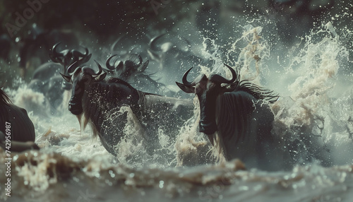 Call of Nature - the Great Wildebeest Migration. Mammal animals herd running crossing African river waters. Beauty in Nature, cute wild animals and Eco concept image.