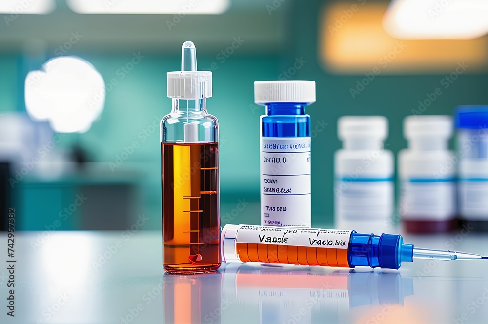 Medical syringe lying next to vaccine vial on table in medical office. Medical syringe lying next to vaccine vial on table in medical office.
