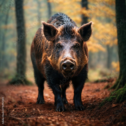 close up of wild boar in forest