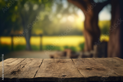 Wooden table with blurred farm background on harvesting season. Flawless . generative ai