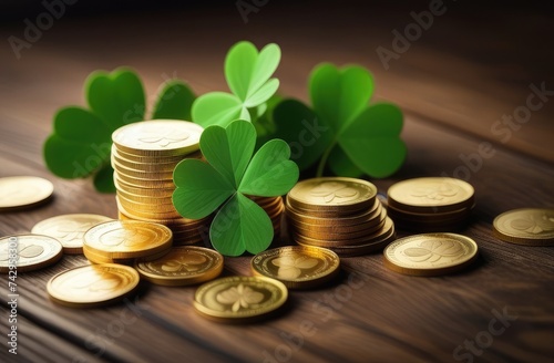 St. Patrick's Day banner with gold coins and clover leaves in the form of a shamrock.