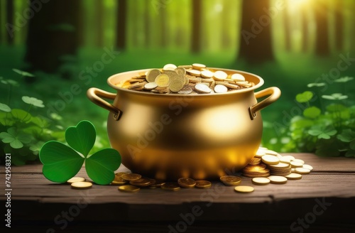 St. Patrick's Day Symbols Pot with Shamrocks and Coins for Irish Celebration