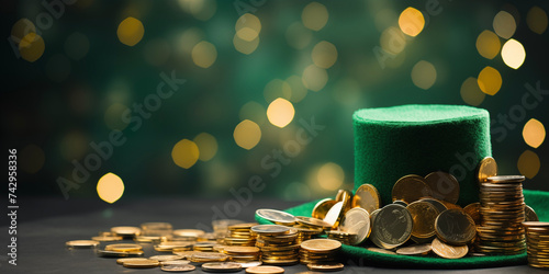 St. Patrick’s Day. Green and gold coins background. Clover, shamrock. Cardd template. Banner. photo