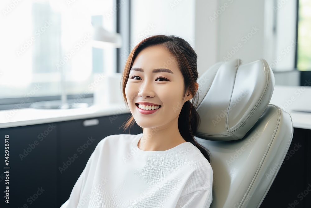 Smiling Woman Sitting in Dentists Chair During Routine Check-Up