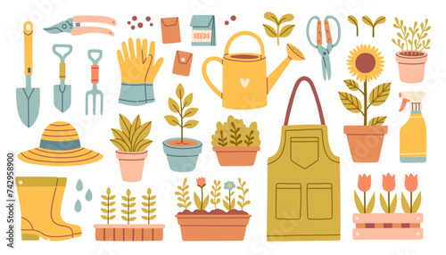 Gardening tools and flowers vector set in flat cartoon style. Rubber boots, seedling, tulips, gardening cutter, gloves