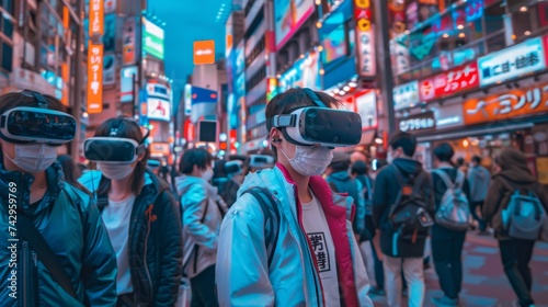 Crowd of citizens making wearing VR headset in tokyo city. People walking with virtual reality googles glasses on the street.Modern technologies and futuristic life,digital addiction concept. 