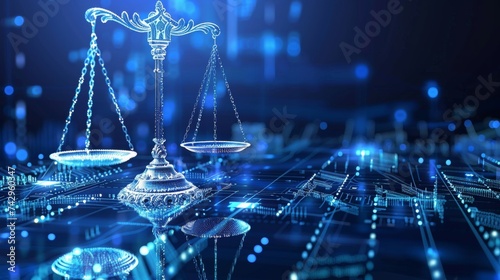 Smart digital law, legal advice icons and lawyer working tools in the lawyers office showing concept of digital law and online technology 