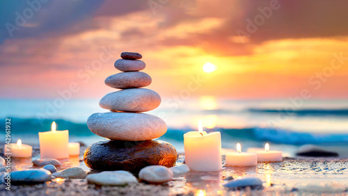 Steinpyramide mit Kerzen und Blüten am Strand am Meer im Sonnenuntergang  photo