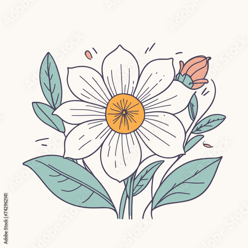 Illustrated white flower with a vibrant yellow center and green leaves on a simple background.