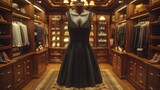 A versatile little black dress hanging in a closet, serving as a staple piece in a basic wardrobe