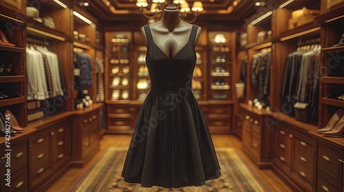 A versatile little black dress hanging in a closet, serving as a staple piece in a basic wardrobe