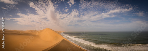 View of sand dunes from the Namib desert along the coastline facing the Atlantic Ocean, Namibia.