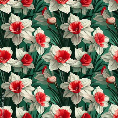 Realistic Illustration of Red and Green Daffodil Plants on Green Background Seamless Pattern