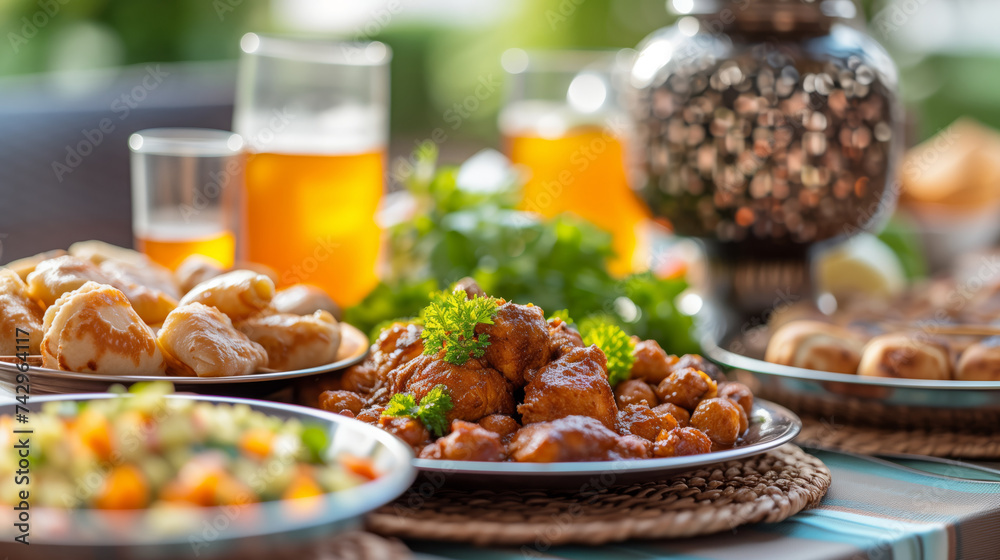 A table with lots of oriental dishes kebab salads and drinks, Muslim, Arabic food