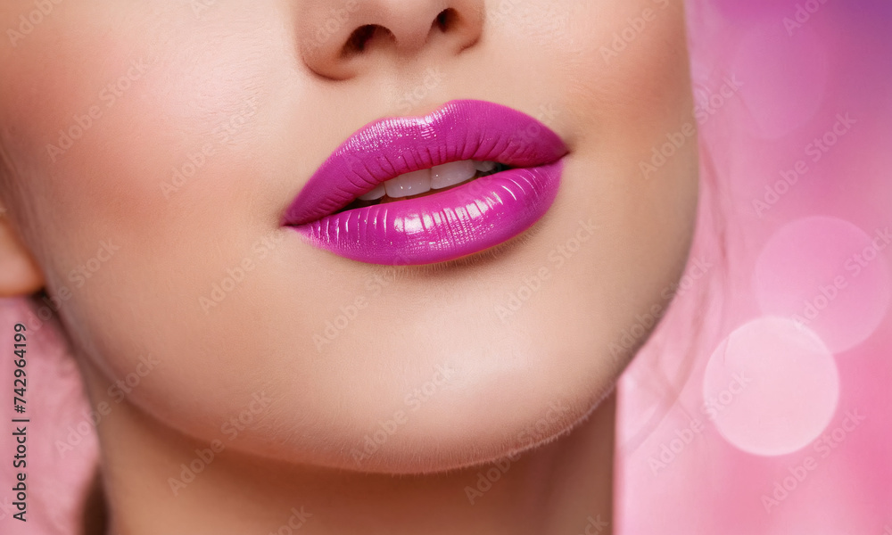 Fototapeta premium A captivating close-up of a woman’s lips, painted with a vibrant shade of pink lipstick. The image exudes femininity and elegance, capturing the allure of beauty and makeup.