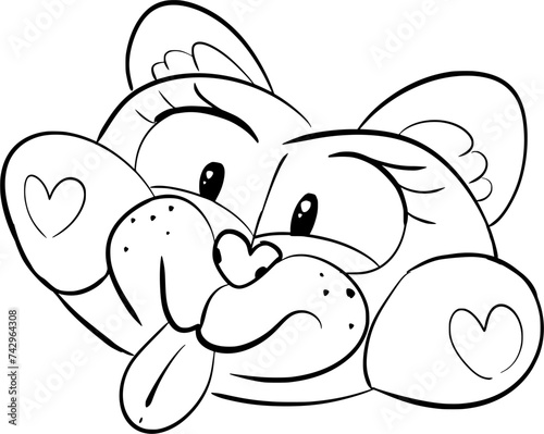 Hand drawn vector art of a stuffed toy cat head with smile and stick out tongue, cute, in cartoon style, doodle, black and white 