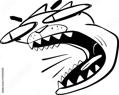 Hand drawn vector art of a loud, angry cat with its mouth wide open and sharp teeth, black and white, cartoon style, doodle