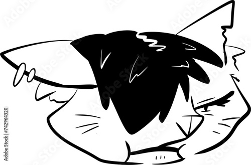 Hand drawn vector art a goth girl cat head with long bangs, in cartoon style, doodle, black and white 