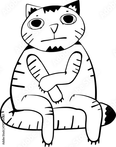 Hand drawn vector art of funny cat with surprised and scared face, eyes are wide open with large pupils, black and whit, doodle, cartoon style