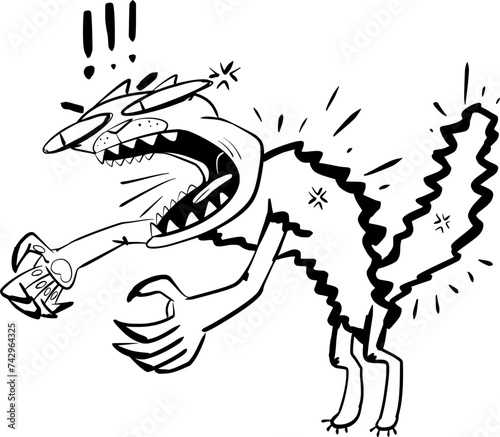 Hand drawn vector art of a loud, angry cat with its mouth wide open and sharp teeth, black and white, cartoon style, doodle