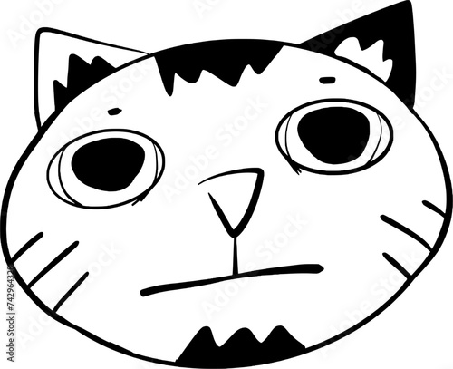 Hand drawn vector art of funny cat head with surprised and scared face, eyes are wide open with large pupils, black and white, cartoon style, doodle