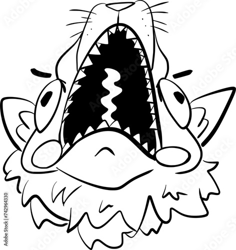Hand drawn vector art of a screaming cat head with bulging eyes, funny, cute, angry, in cartoon style, doodle, black and white 