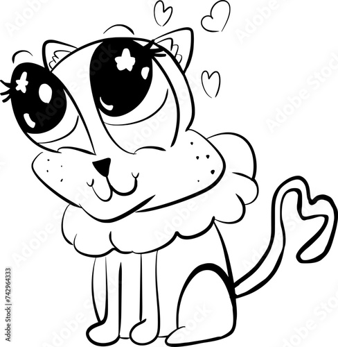 Hand drawn vector art of a lovable cute kitten with big eyes with sparkles, and heart shaped tail, in cartoon style, doodle, black and white 