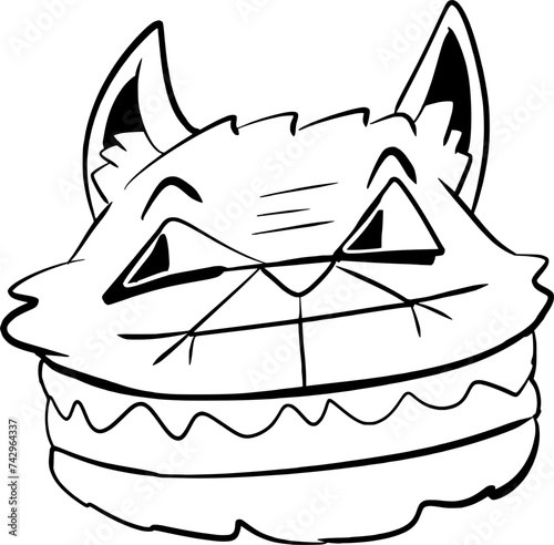 Hand drawn vector art of cat head with very big smile and triangle eyes, doodle, black and white in cartoon style, funny, silly