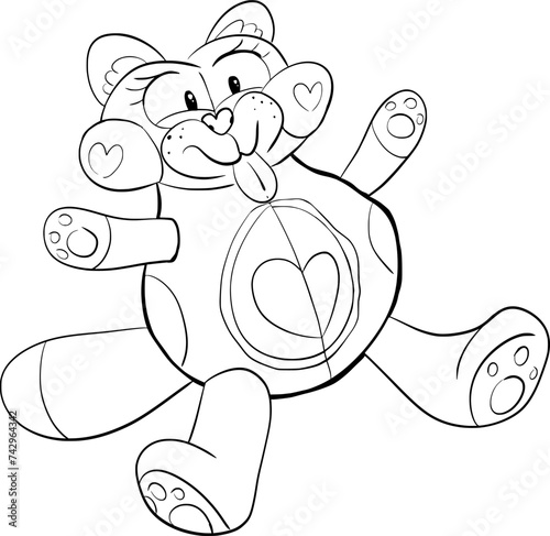Hand drawn vector art of a stuffed toy cat with smile and stick out tongue, cute, in cartoon style, doodle, black and white 