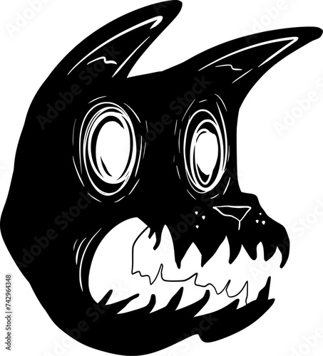Hand drawn vector art of black scary screaming cat head with sharp teeth and white eyes, cartoon style, doodle, black and white 