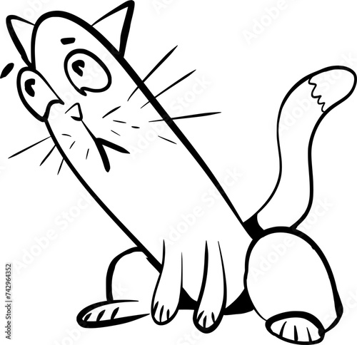Hand drawn vector art of a funny meme cat, who has shape like a penis, in cartoon style, doodle, black and white 
