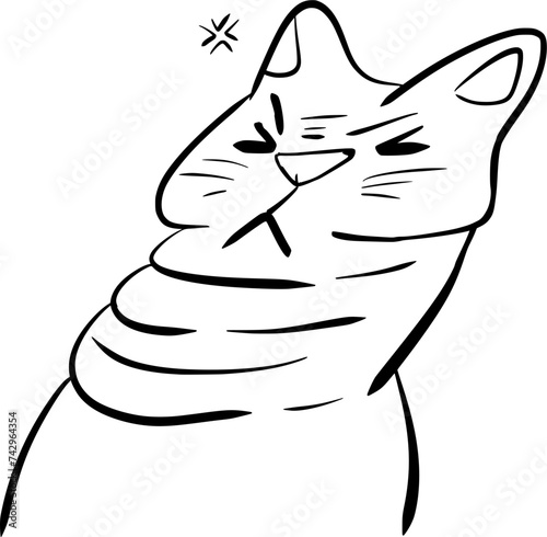 Hand drawn vector art of a cat that retracts its neck and winces, cringes, in cartoon style, doodle, black and white, funny, meme
