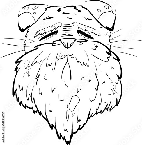 Hand drawn vector art a very old sad cat with a big bushy beard and mustache, black and white, cartoon style, doodle